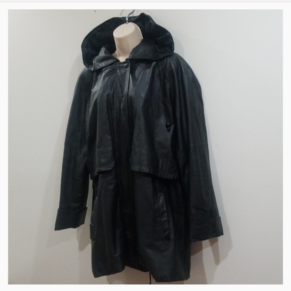 Phase two women's blk genuine leather hooded coat